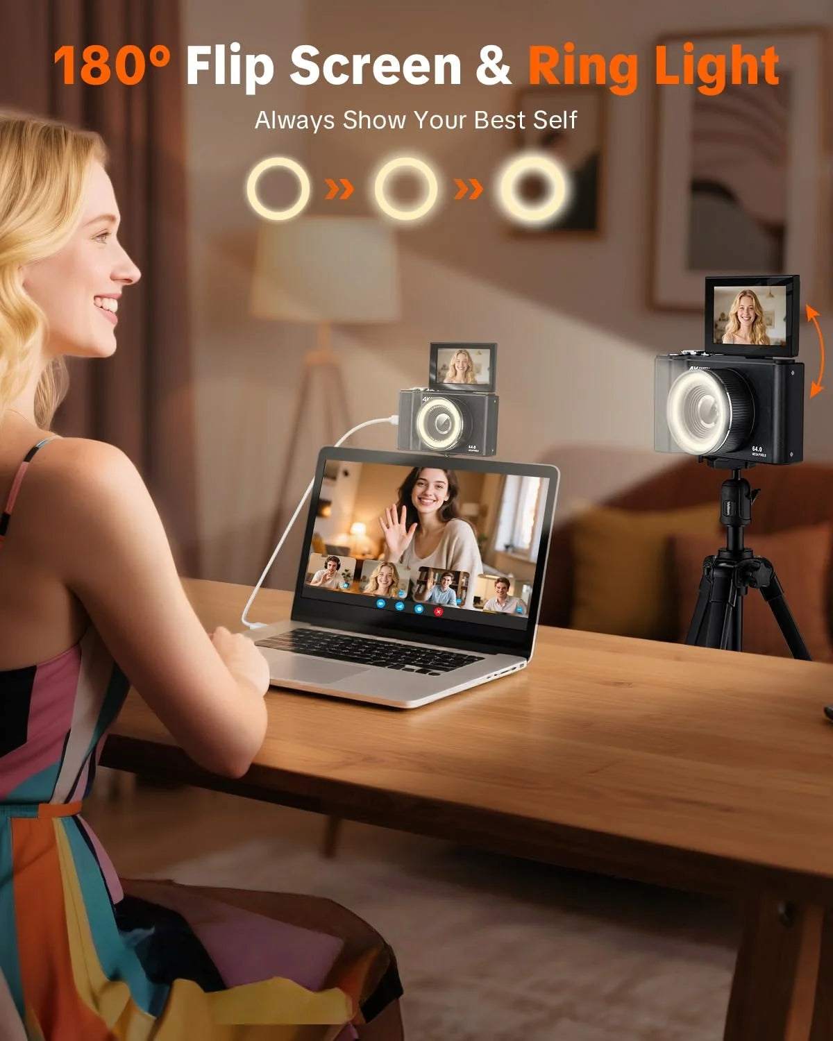 Black 4K digital camera with ring light and 180° flip screen on tripod for vlogging