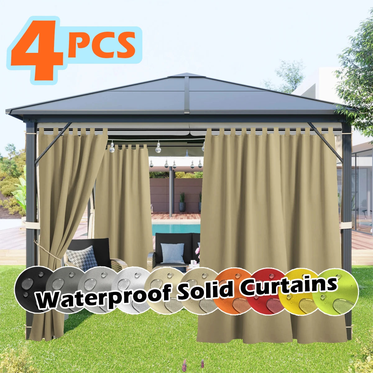 4-panel beige outdoor curtains by S And B Enterprise, waterproof UV-resistant tab-top for gazebo, pergola, or cabana decor.