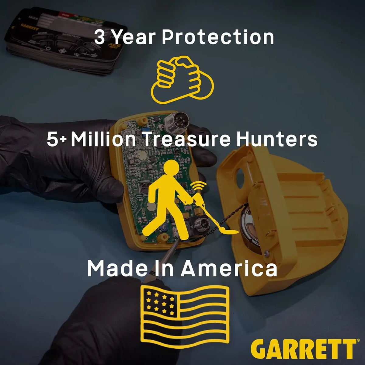 Garrett metal detector for adults; camo black, durable waterproof 360° detection