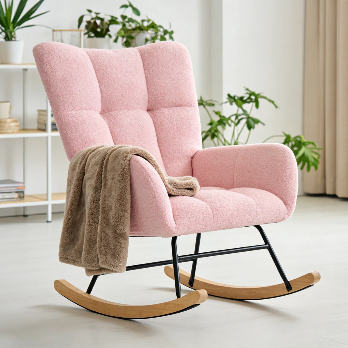 JHK Teddy upholstered saucer rocking chair in pink plush fabric with high back and wooden rockers.