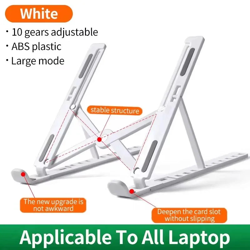 Foldable white laptop stand, ABS plastic, adjustable 10-gear height with stable cross-brace