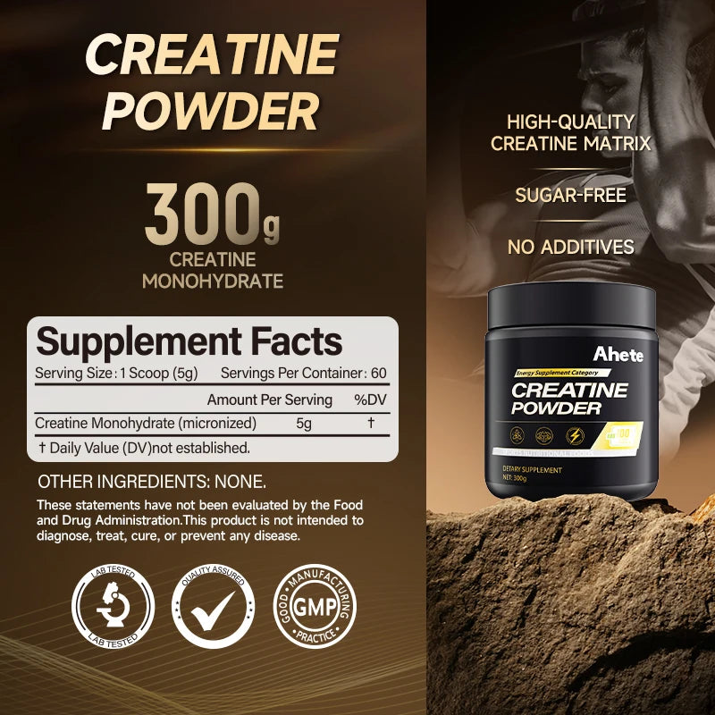 Ahete Creatine Powder jar, 300 g creatine monohydrate, sugar-free in black container