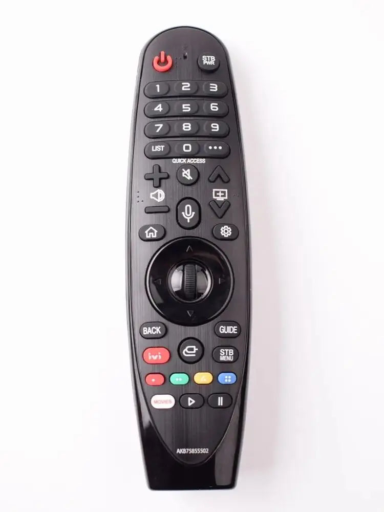Smart TV remote control, black universal remote with voice and cursor features and a circular navigation wheel.