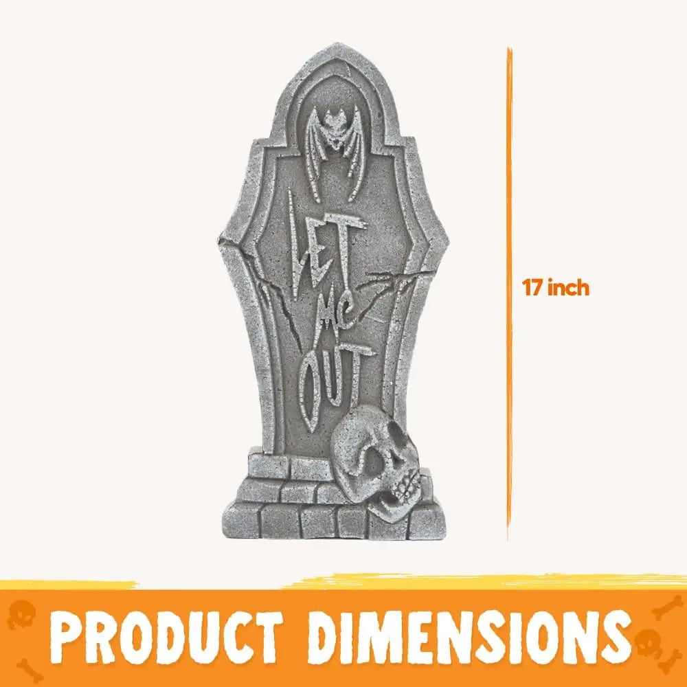 17-inch foam tombstone prop for Halloween outdoors with skull at base and Let Me Out inscription