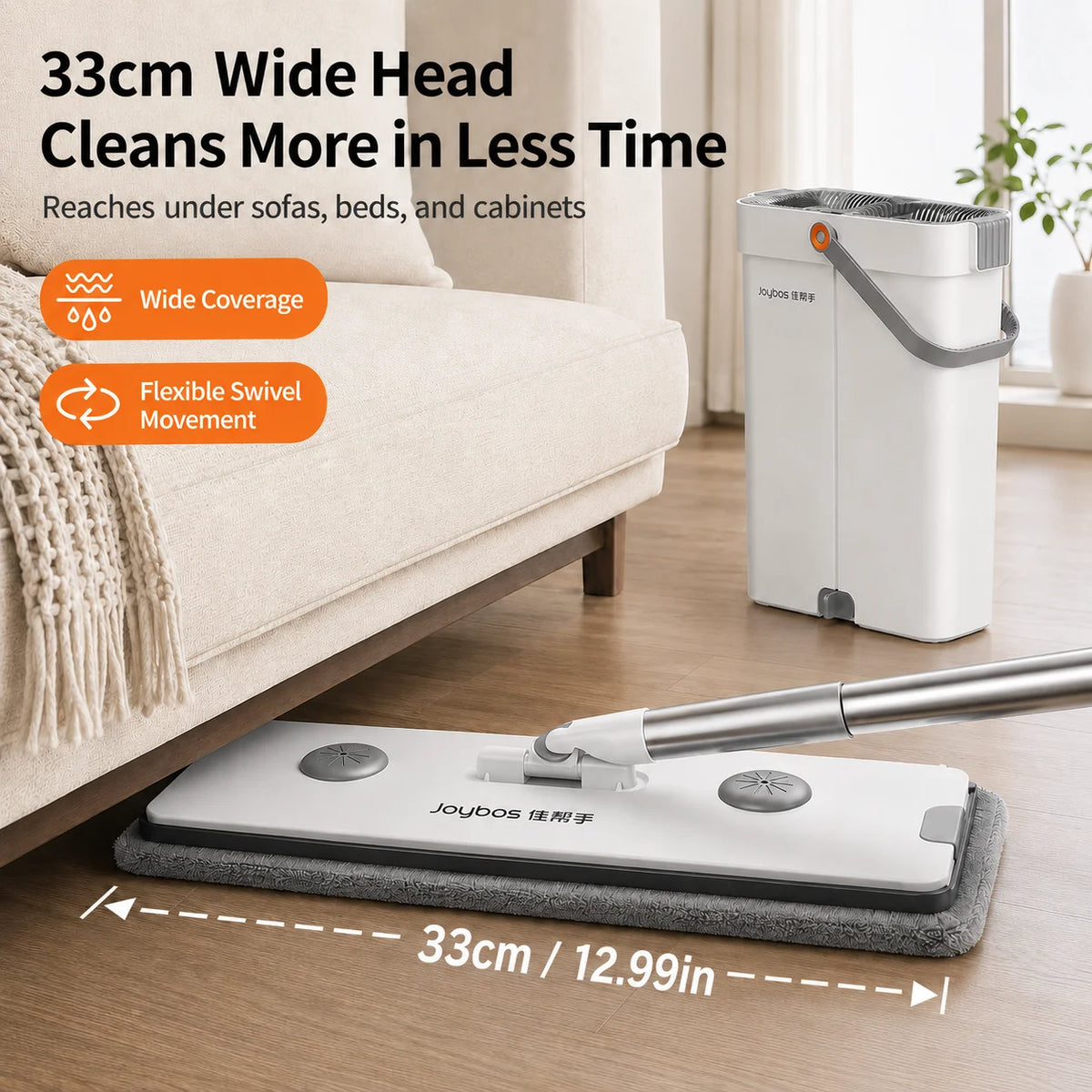 Joybos flat mop and bucket system with 2 microfiber pads, 360° swivel, hands-free wash and dry for hardwood floors