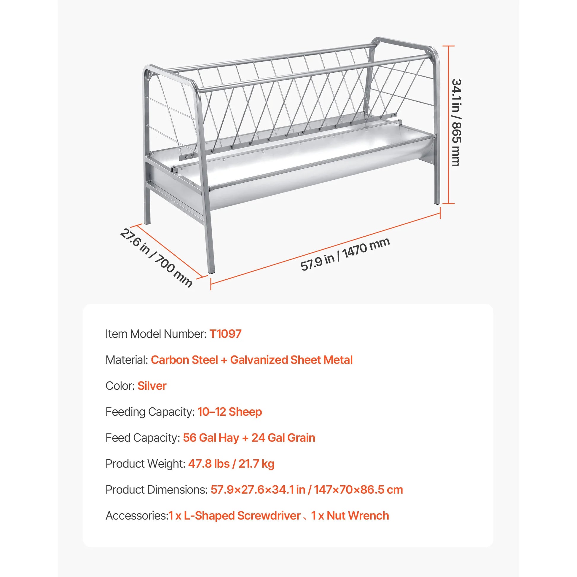 2-in-1 livestock hay feeder, 80-gal capacity, 57.9 in long, carbon steel with galvanized sheet, by S And B Enterprise