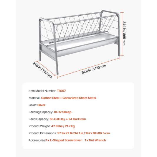 2-in-1 livestock hay feeder, 80-gal capacity, 57.9 in long, carbon steel with galvanized sheet, by S And B Enterprise