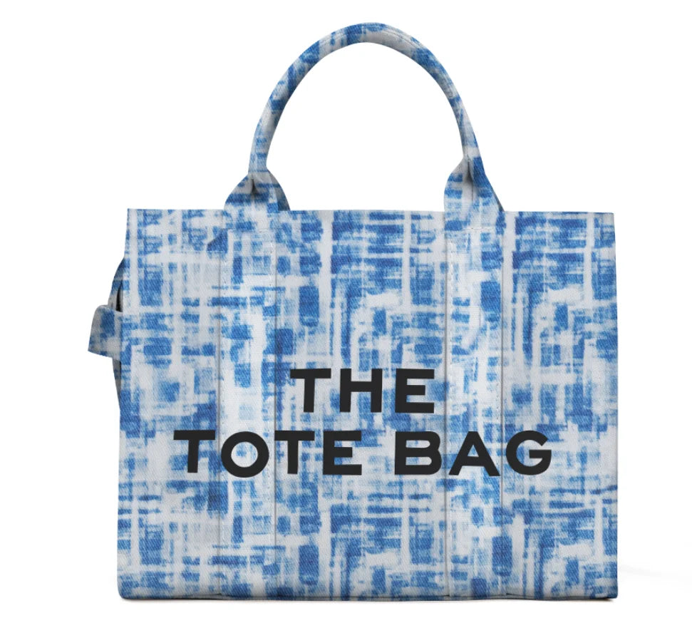 Denim canvas tote bag, blue and white tie-dye pattern, large capacity with top handles