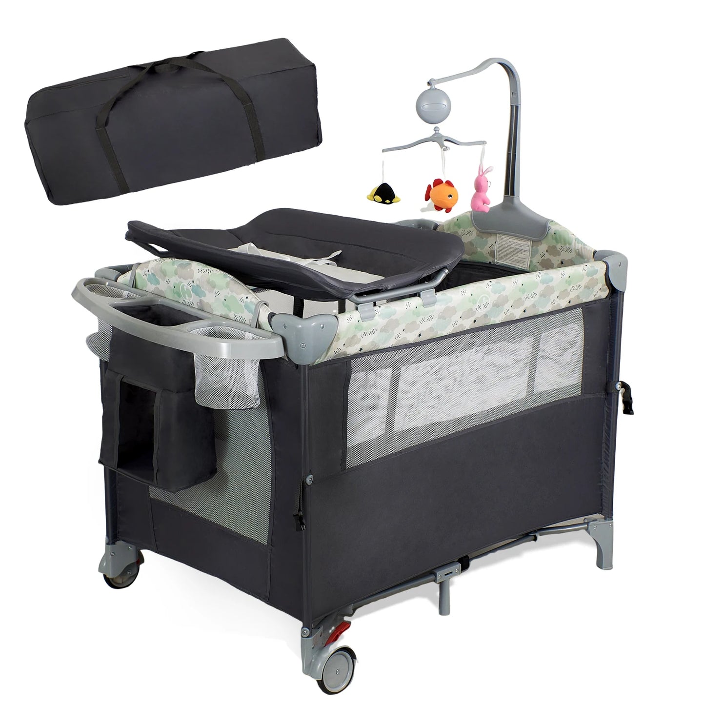 Pack n Play,Playard Bassinet with Changing Table Lockable Wheels Music Box Pack and Play Foldable Playard for Infant to Toddler by S And B Enterprise