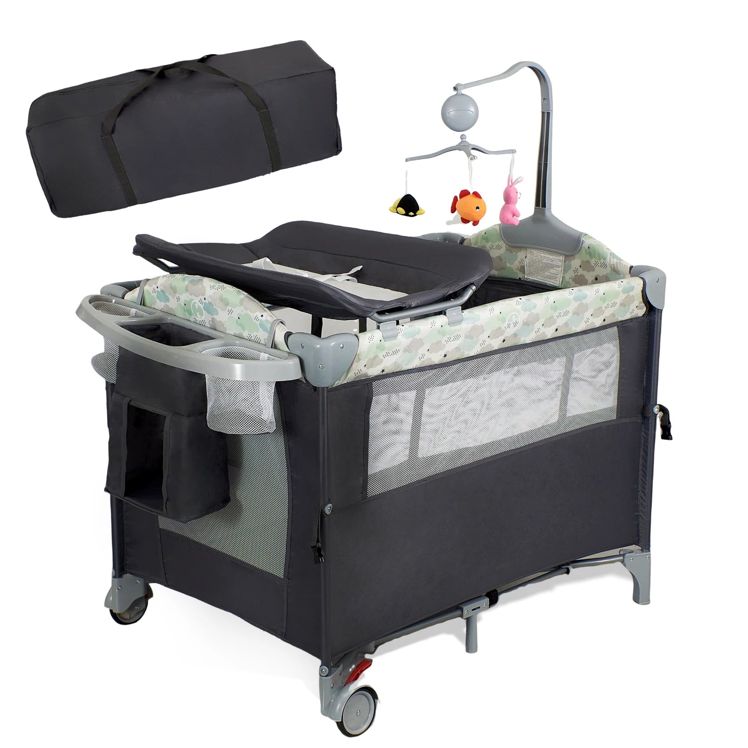 Pack n Play,Playard Bassinet with Changing Table Lockable Wheels Music Box Pack and Play Foldable Playard for Infant to Toddler by S And B Enterprise