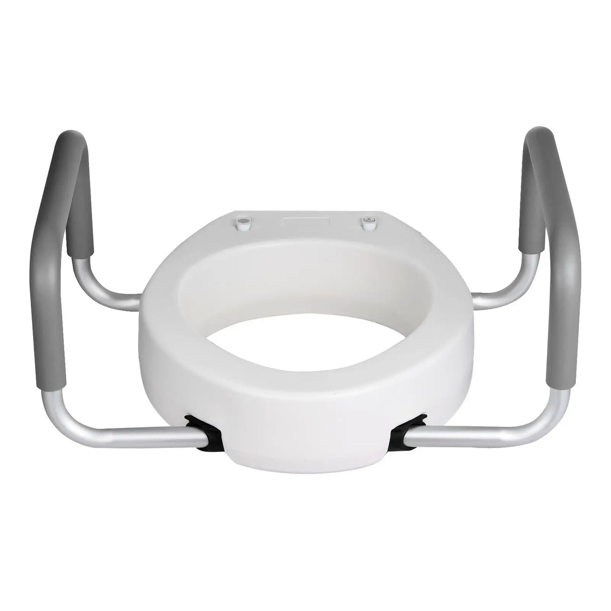 Raised toilet seat with arms, white with gray padded handles.