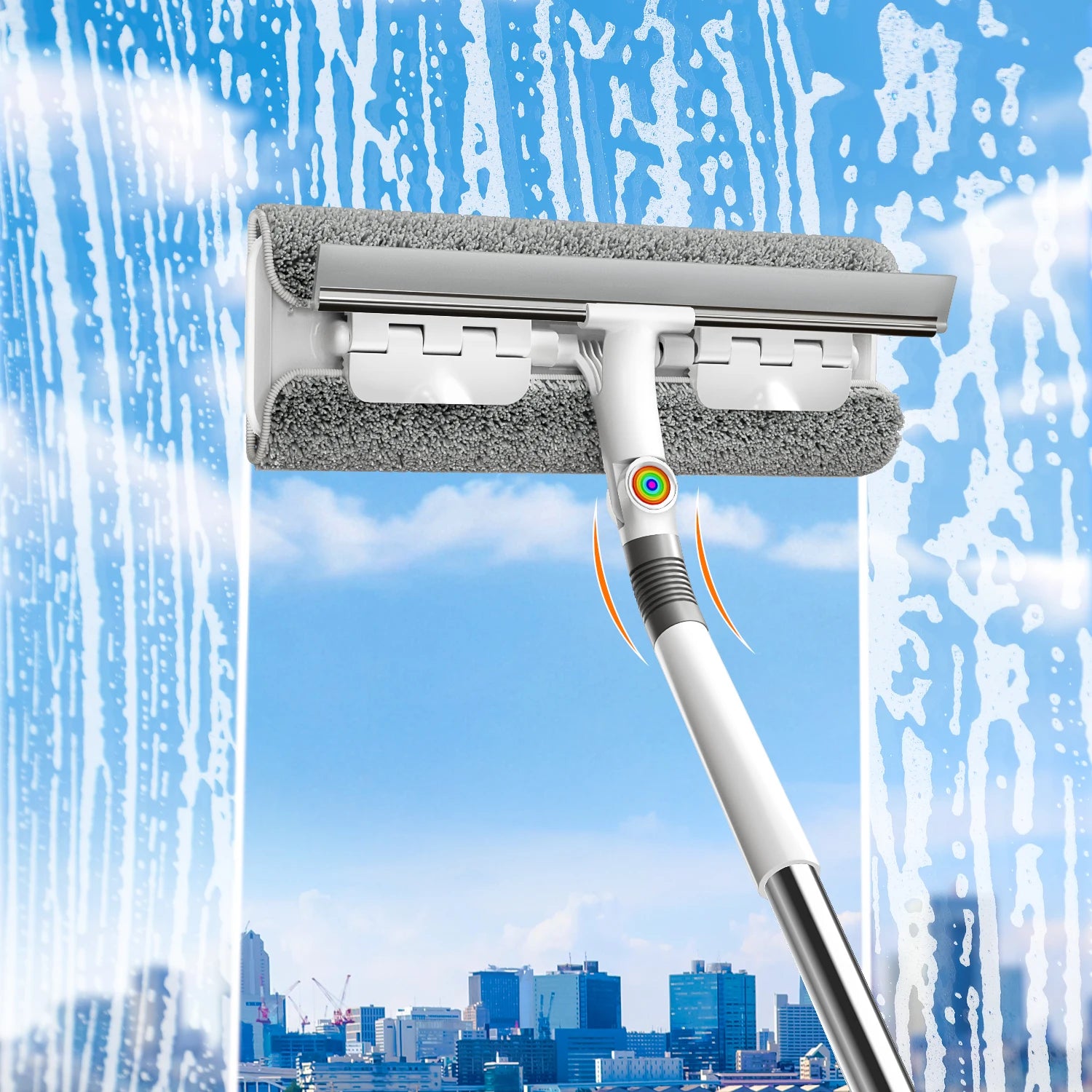Joybos 2-in-1 window squeegee with 53-inch extendable pole and clip-on microfiber pad, rotating head