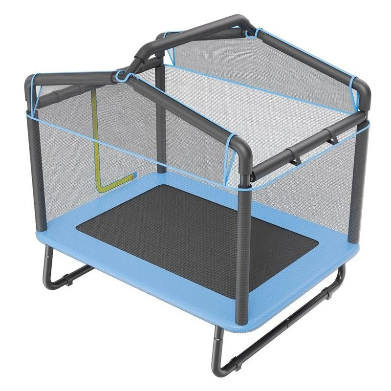6FT kids trampoline with safety enclosure net, blue padded frame and jumping mat for indoor/outdoor use