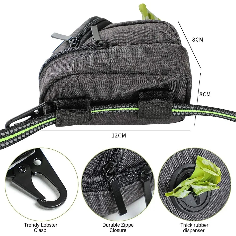 Portable dog treat bag with gray fabric, neon-green strap, and built-in poop bag dispenser by S And B Enterprise