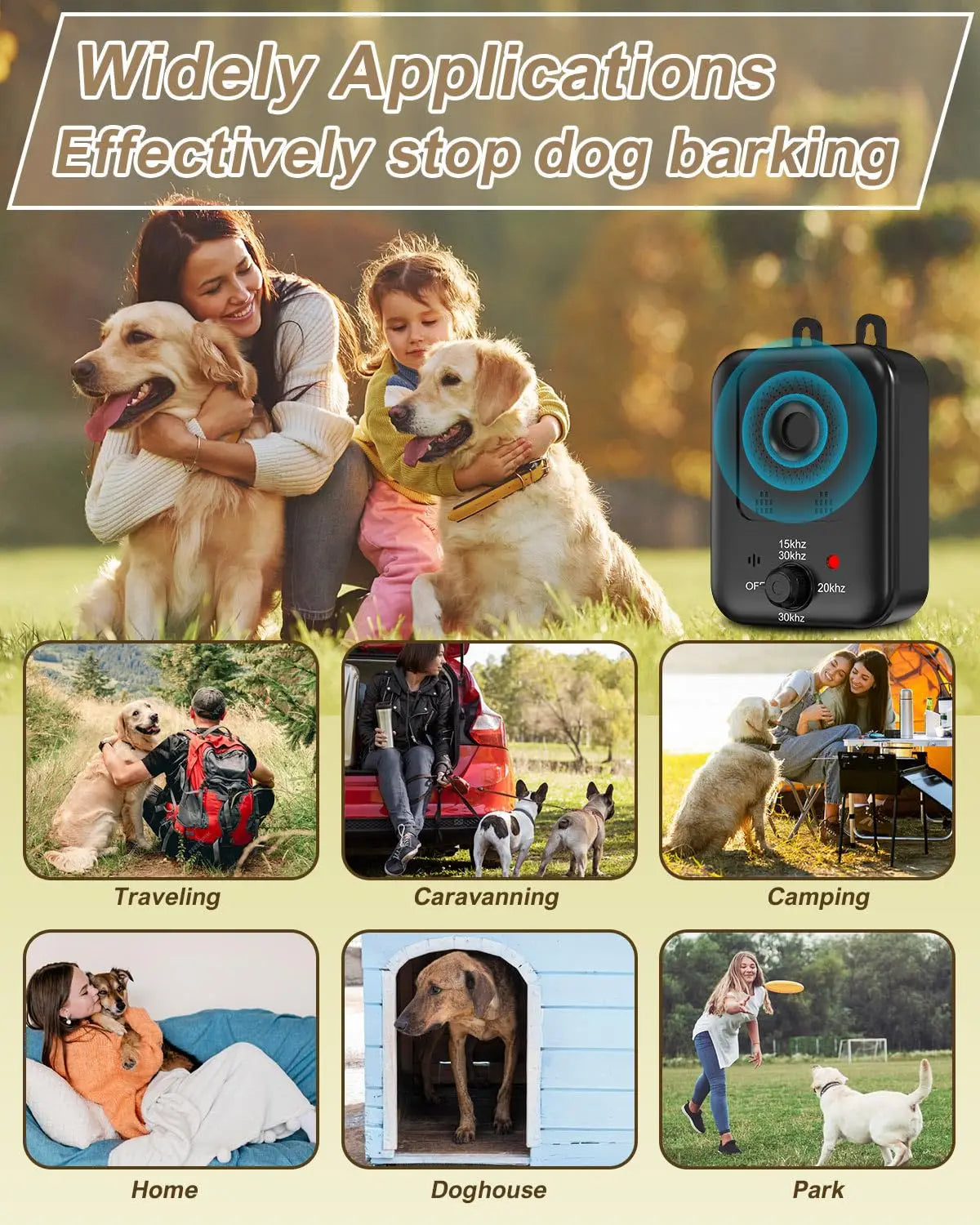 Automatic anti-barking device by S And B Enterprise; rechargeable ultrasonic bark deterrent for indoor/outdoor use