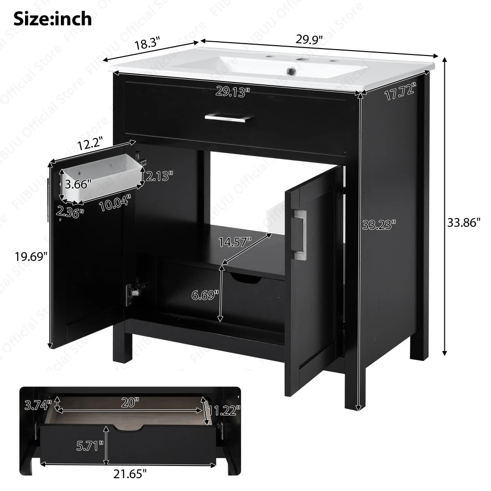 30" Small Bathroom Vanity Sink Soft Close Doors Cabinet Storage Undermount Ceramic Sink Organizer Cabinet for Compact Bathroom