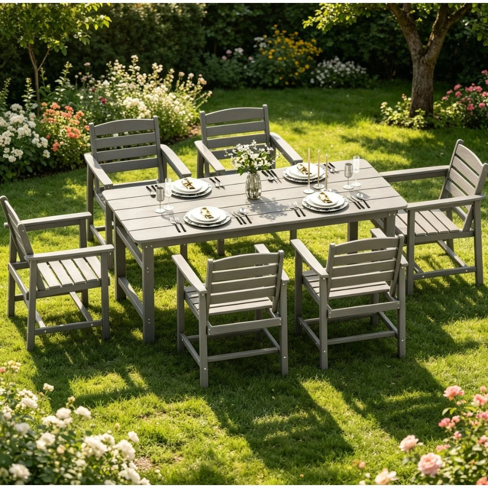 7-Piece HDPE All-Weather Outdoor Patio Dining Set with Umbrella Hole Table and 6 Chairs Grey for Garden Backyard