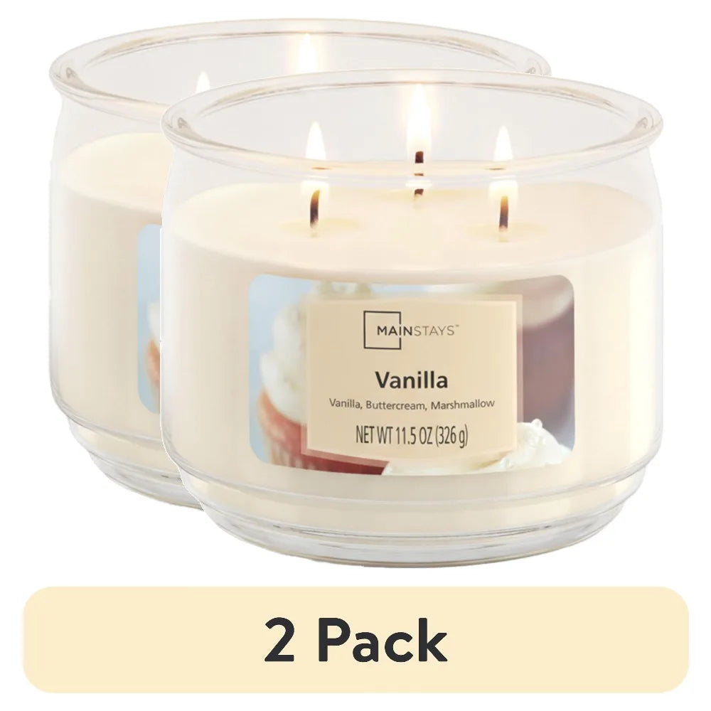 Mainstays Vanilla Scented Glass Jar Candle, 3-wick, 11.5 oz, 2-pack