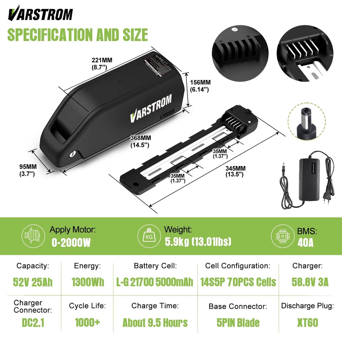 US Direct Hailong Battery Pack 48V 40A BMS Downtube 21700