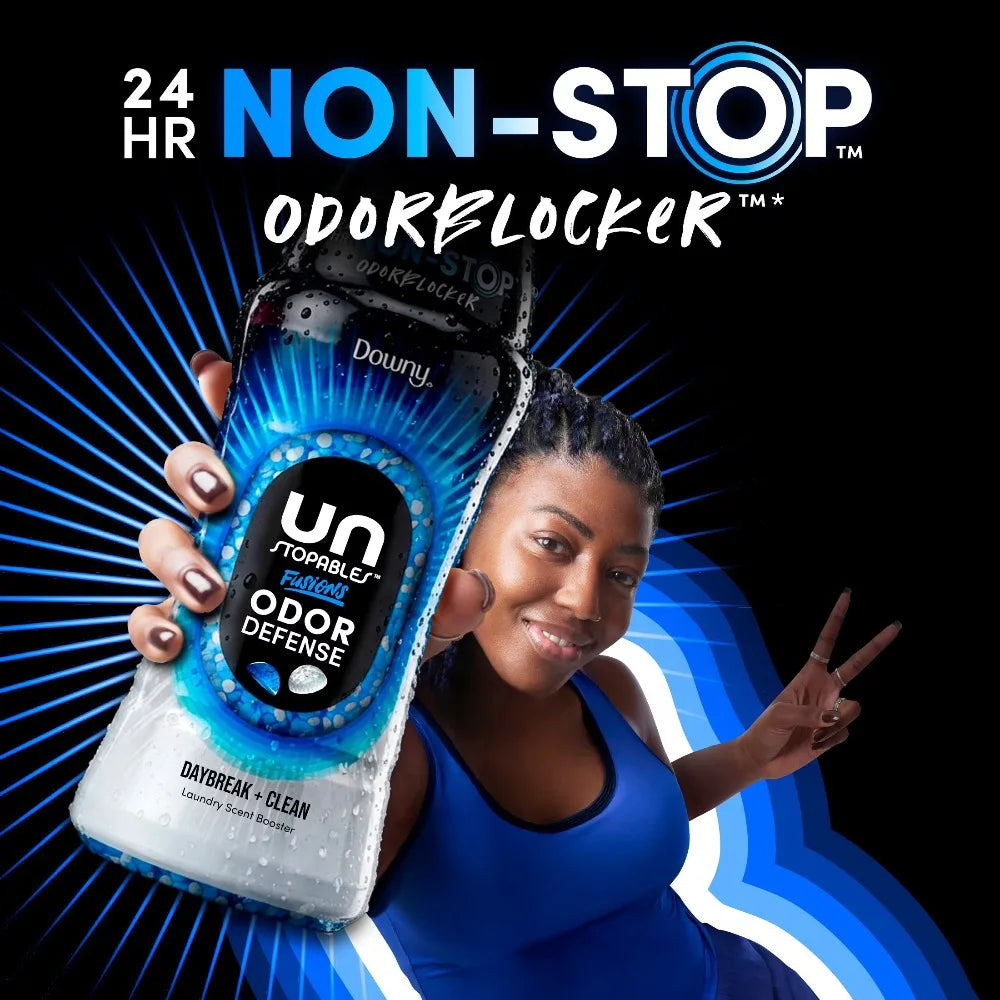 In-wash laundry scent booster beads by Downy Odor Defense, Daybreak + Clean scent, blue bottle