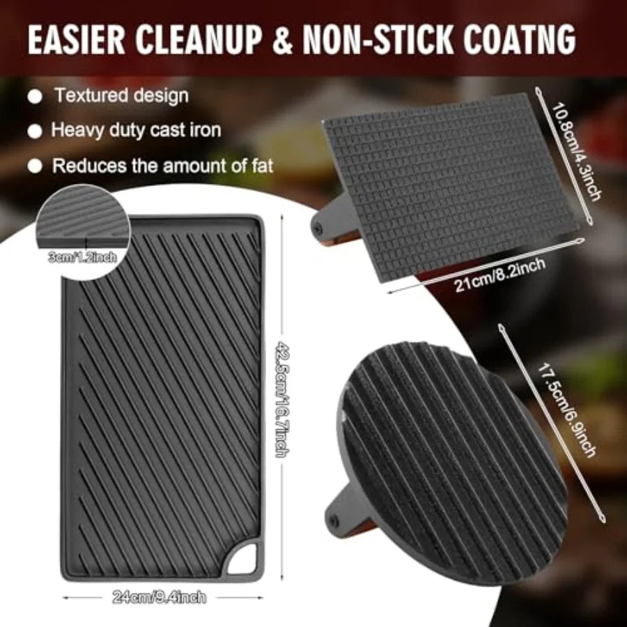 YAO HUI HUANG 3-in-1 Cast Iron Grill Press Set Dual-Sided