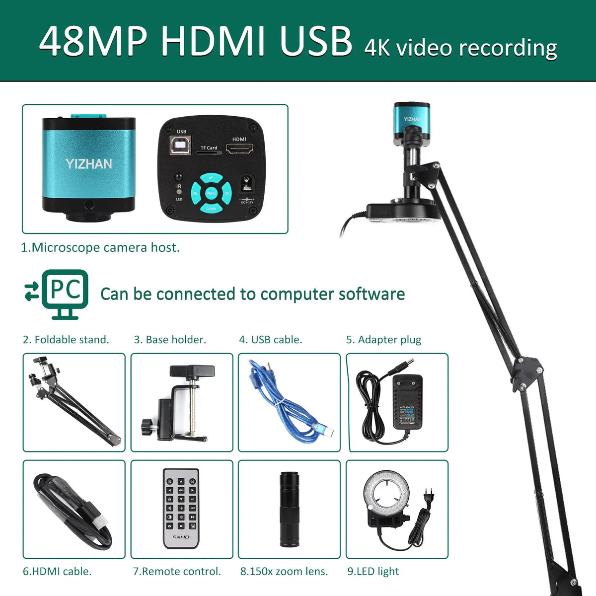 YIZHAN 48MP 4K soldering microscope with HDMI/USB camera, turquoise host, adjustable stand