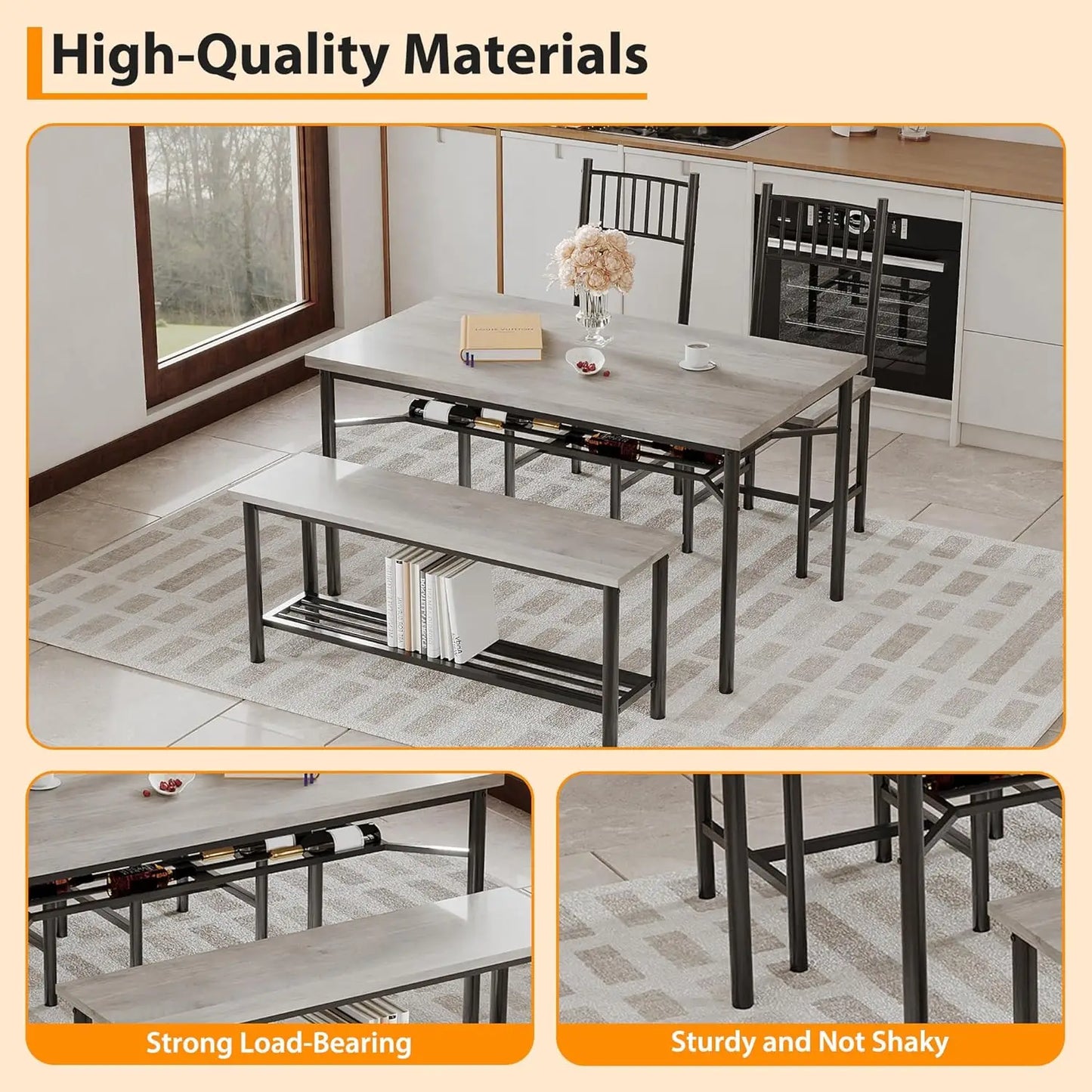 Dining Table Set For 4 With Bench And 2 Chairs 2-Tier Storage Shelf Space-Saving Kitchen Table For Breakfast Nooks Small Apartments by S And B Enterprise