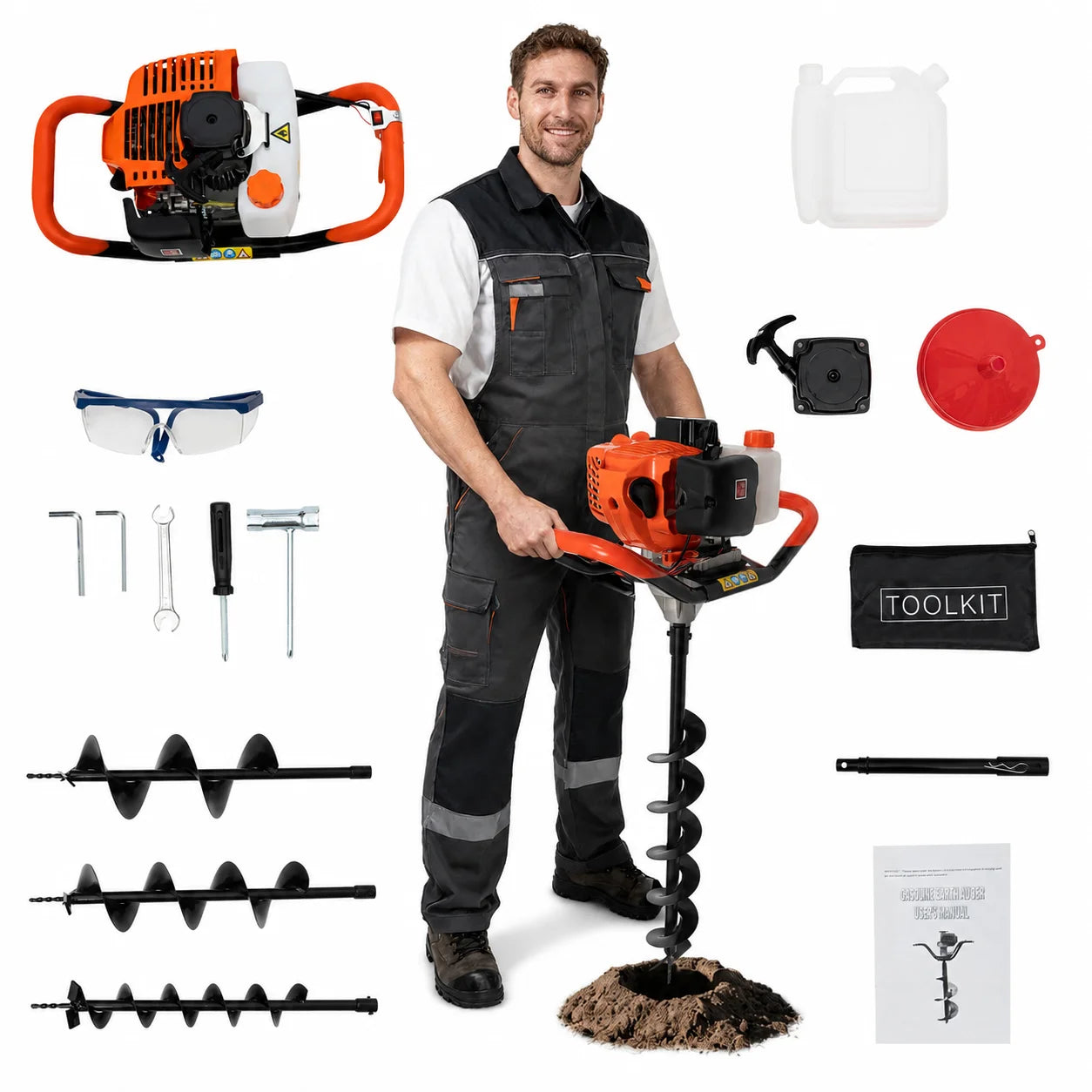 Post hole digger auger drill kit in orange with 4in/6in/8in bits, includes toolkit, safety gear, and fuel container.