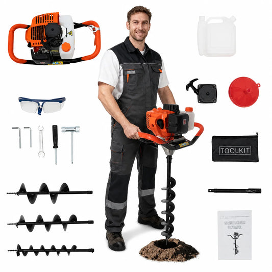 Post hole digger auger drill kit in orange with 4in/6in/8in bits, includes toolkit, safety gear, and fuel container.