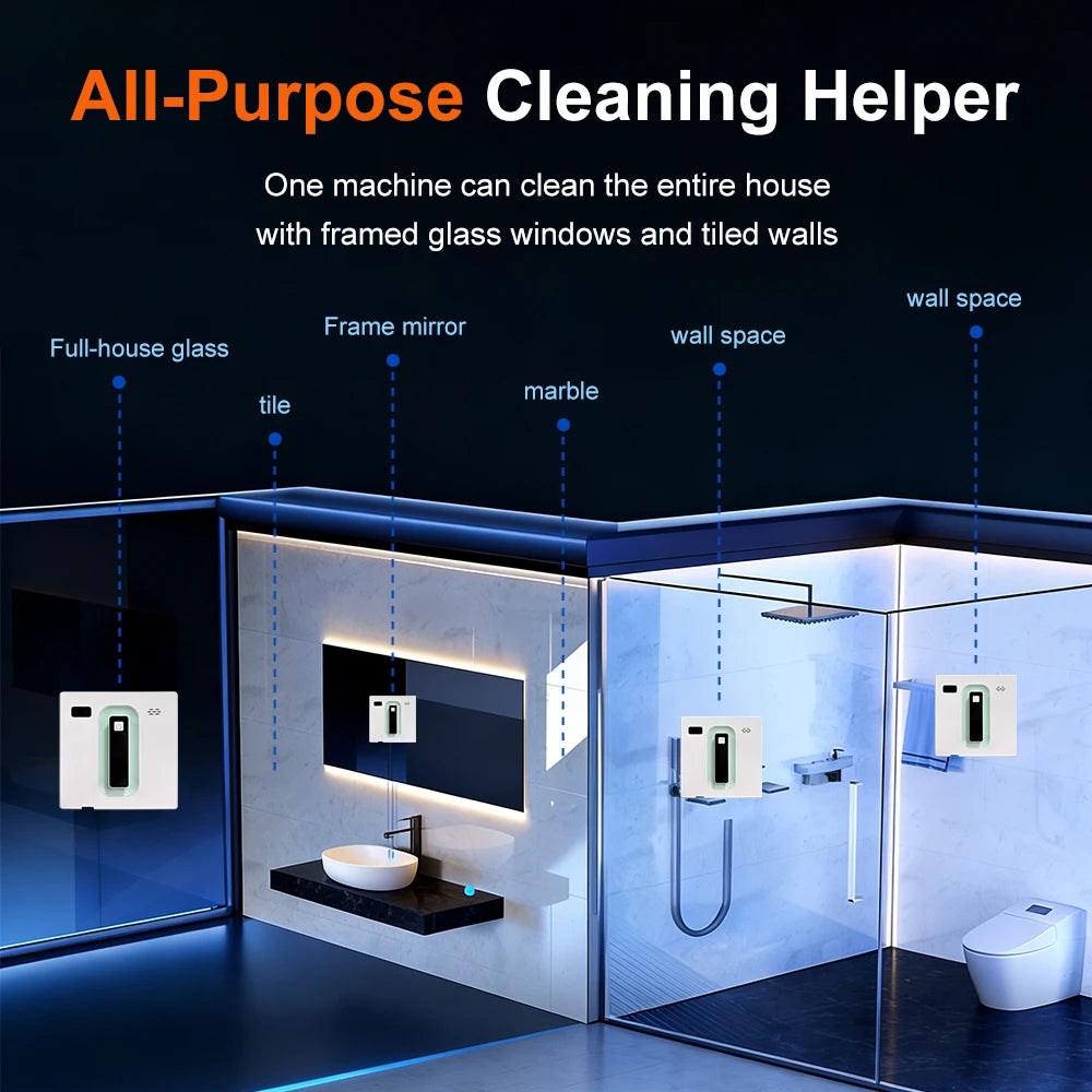 PuRuiKai window cleaning robot (4 units) white with green panels mounted on glass walls for home cleaning, app control.