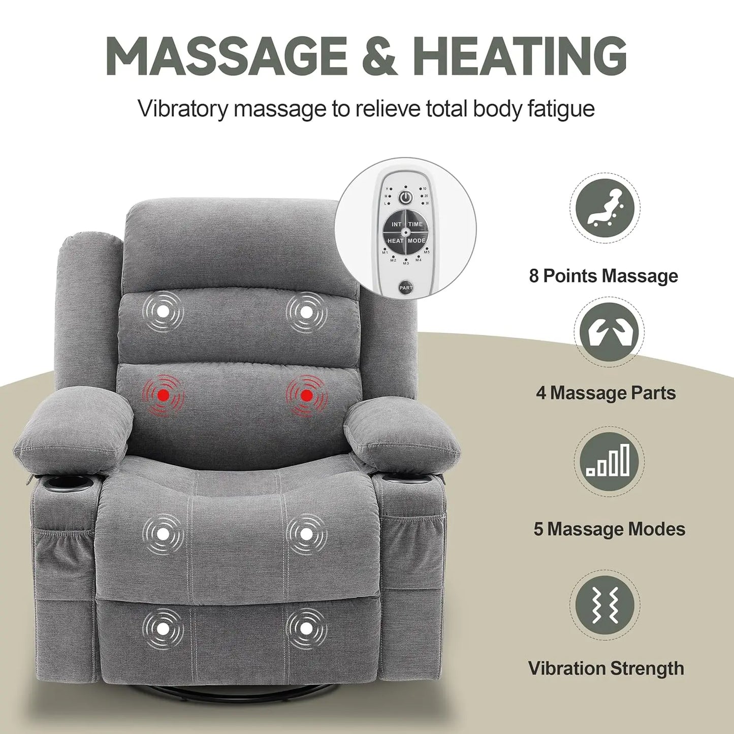 Rocker Recliner Chair With Heat And Massage 360 Swivel