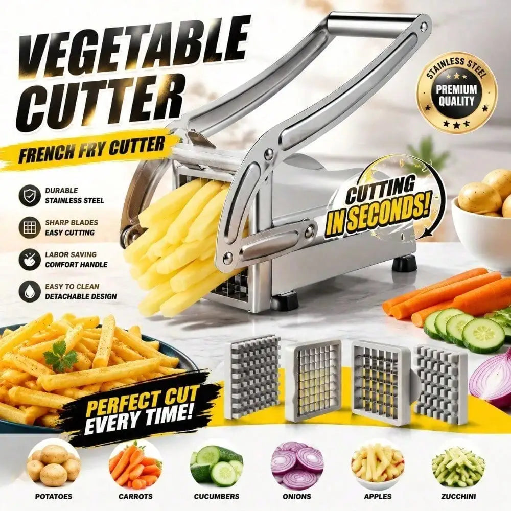 Stainless steel vegetable cutter with ergonomic handle and interchangeable blades for potatoes, carrots, cucumbers