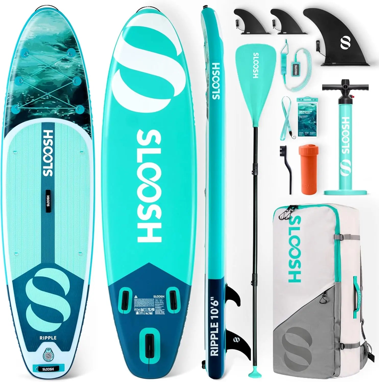 Two turquoise SLOOSH inflatable stand-up paddle boards for adults with premium accessories, non-slip EVA deck.