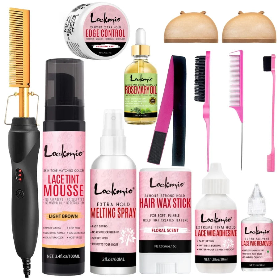 Professional Lace Wig Install Kit by S And B Enterprise with hot comb, lace tint mousse, glue, rosemary oil
