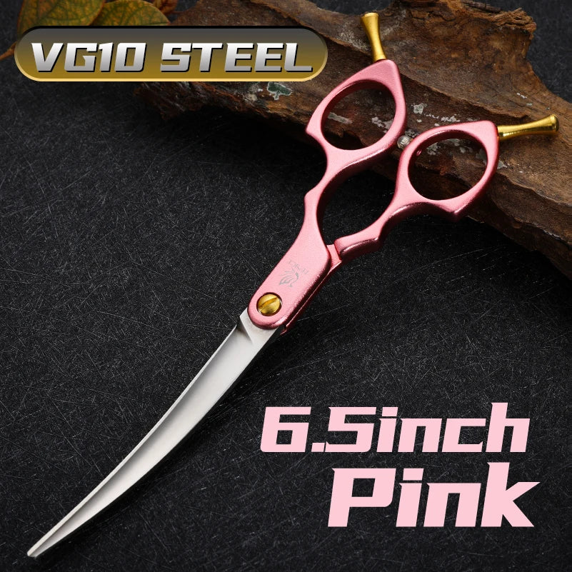 Grooming scissors pink VG10 steel, curved 6.5-inch dog and cat shears by S And B Enterprise