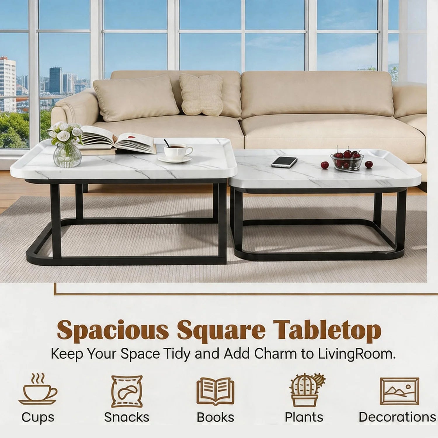 Square Nesting Coffee Tables Set Of 2, Space Saving Small End Table Set For Living Room Bedroom Balcony, Fluted Side Tables Set by S And B Enterprise