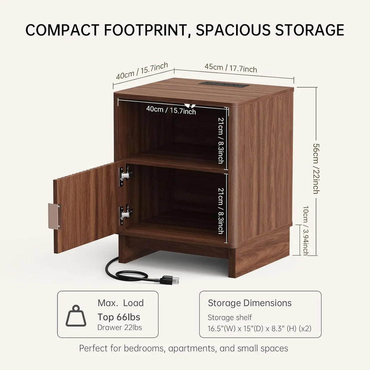 TinyNest Nightstand with Charging Station; fluted wood, shelf & drawer, 2 AC outlets, USB-A & USB-C.