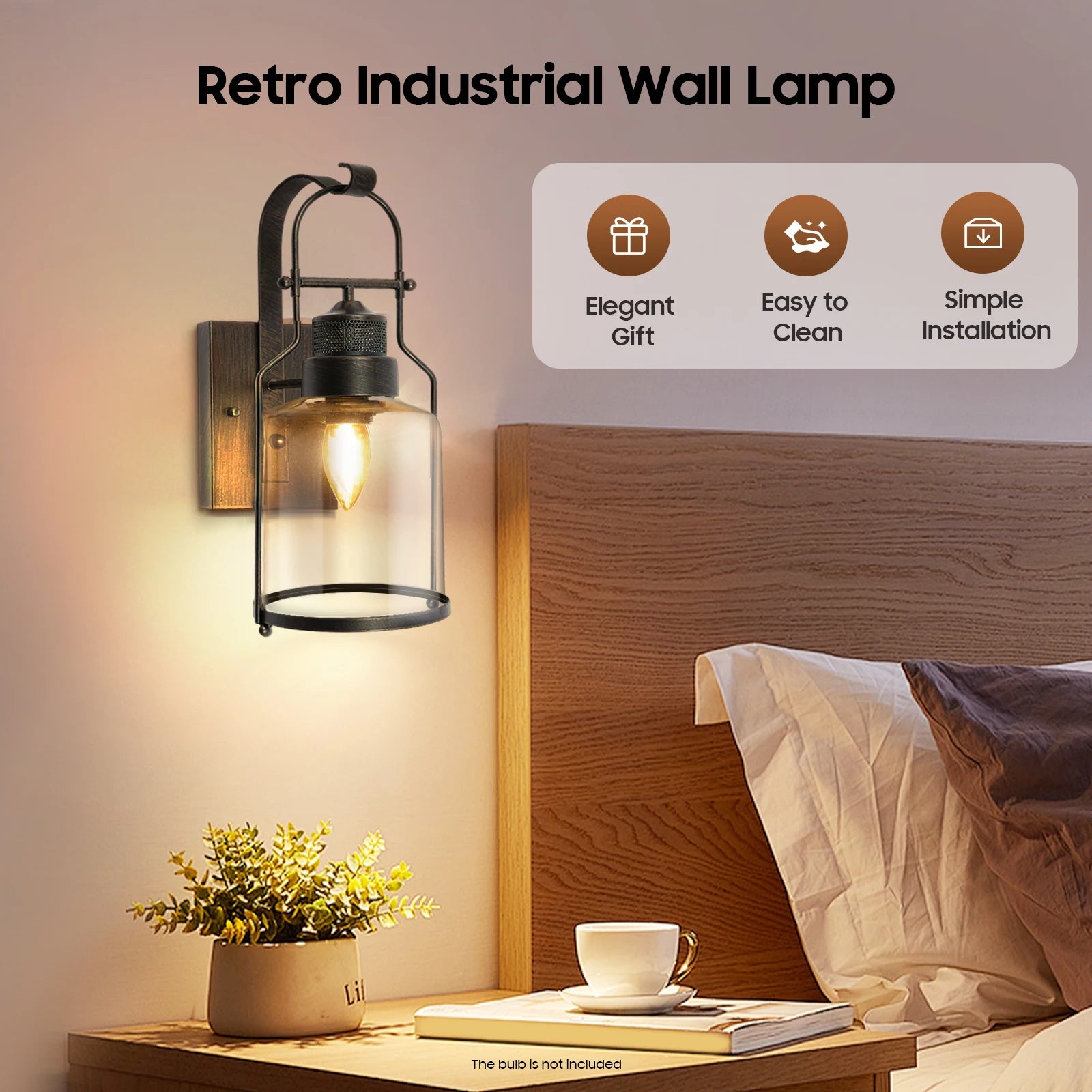 Retro industrial wall lamp by S And B Enterprise with rust iron frame and clear glass shade; bulb not included