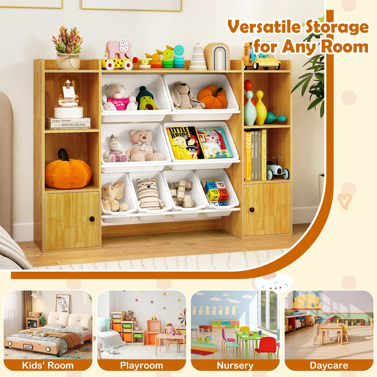 Kids toy storage and bookshelf with 8 white bins and 2 single-door cabinets in natural wood by S And B Enterprise