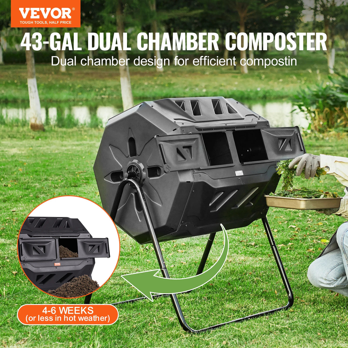 VEVOR 43-Gal dual-chamber compost tumbler, BPA-free plastic for garden use