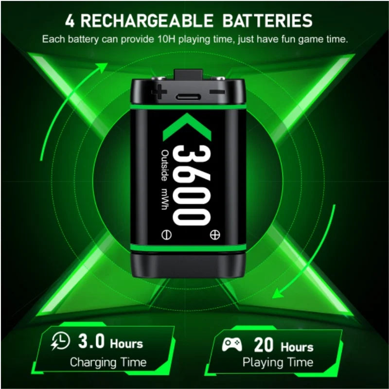Rechargeable Xbox controller battery pack, 4×3600mWh, black with green accents, by S And B Enterprise