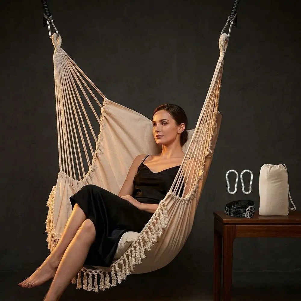 Boho Macrame Hanging Hammock Chair With Cushioned Seat by S And B Enterprise