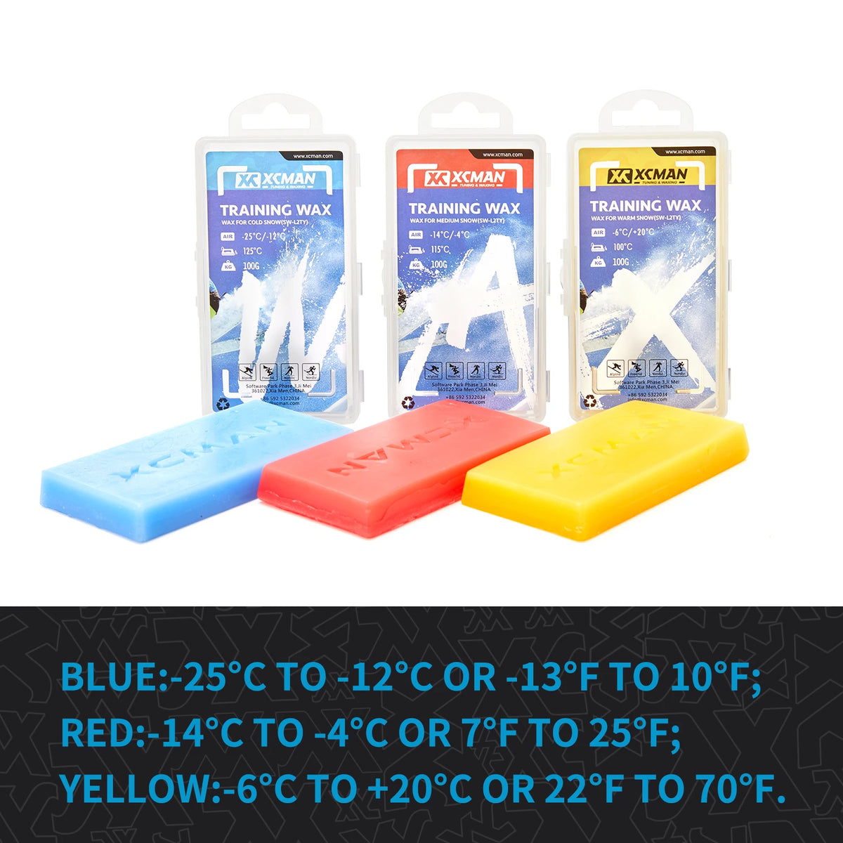 XCMAN Ski & Snowboard Tuning Kit by S And B Enterprise with three blue, red, and yellow training wax blocks