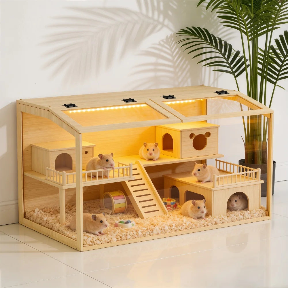 Wooden Hamster Cage With Glass And Built In LED Roof by S And B Enterprise