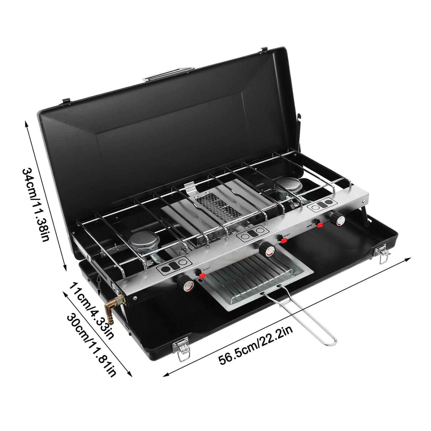 Portable tabletop 3-burner camping stove by S And B Enterprise with non-slip feet and sturdy latches
