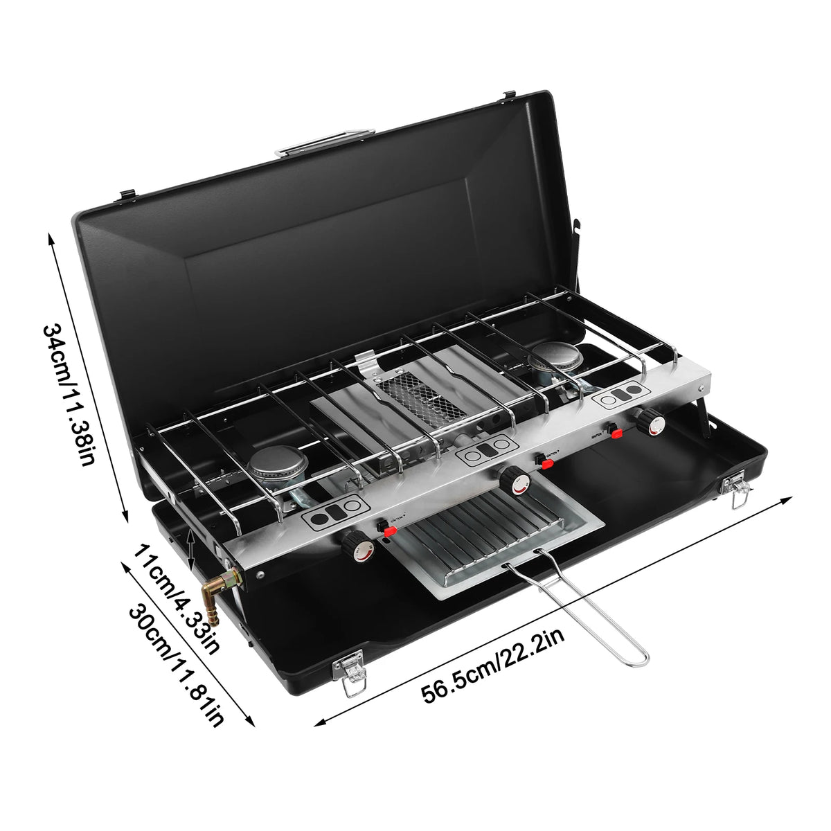Portable tabletop 3-burner camping stove by S And B Enterprise with non-slip feet and sturdy latches