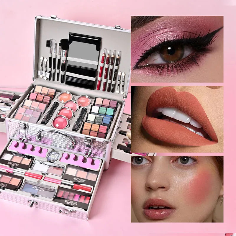 All-In-One Makeup Gift Kit by S And B Enterprise in a pink case with mirror, lipsticks, eyeshadows, blush.