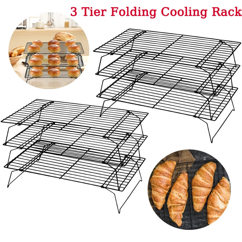 Two stainless steel 3-tier foldable wire grid baking racks by S And B Enterprise