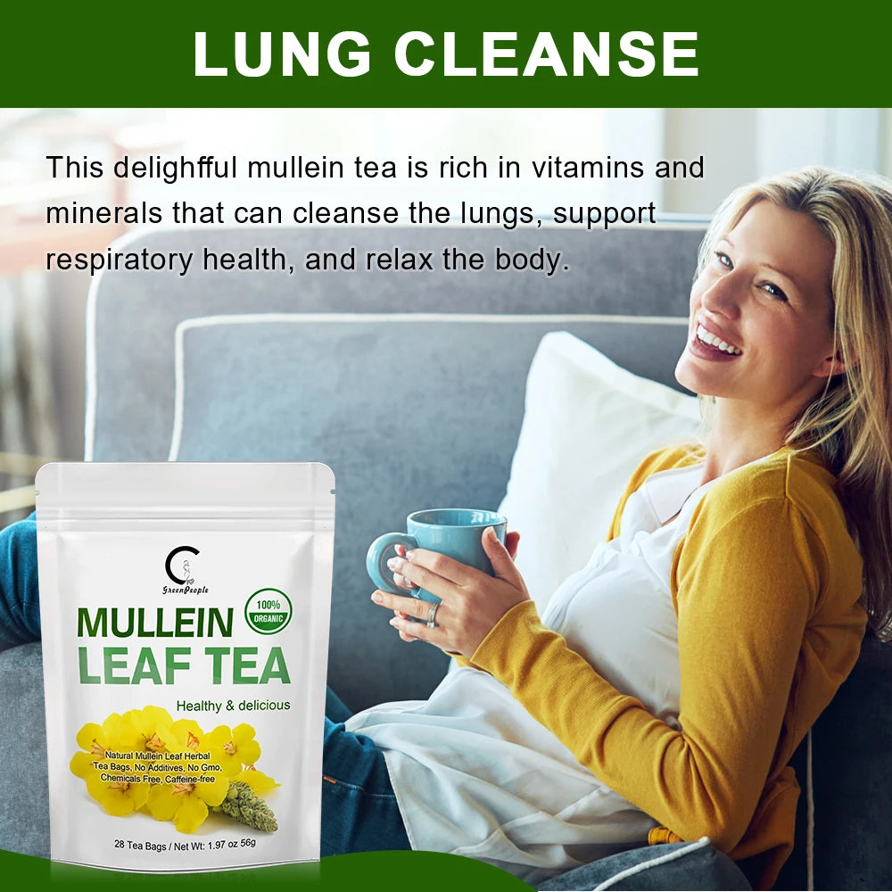 Mullein Leaf Tea bags by S And B Enterprise; white pouch with green text, yellow flower image, and 100% Organic badge.