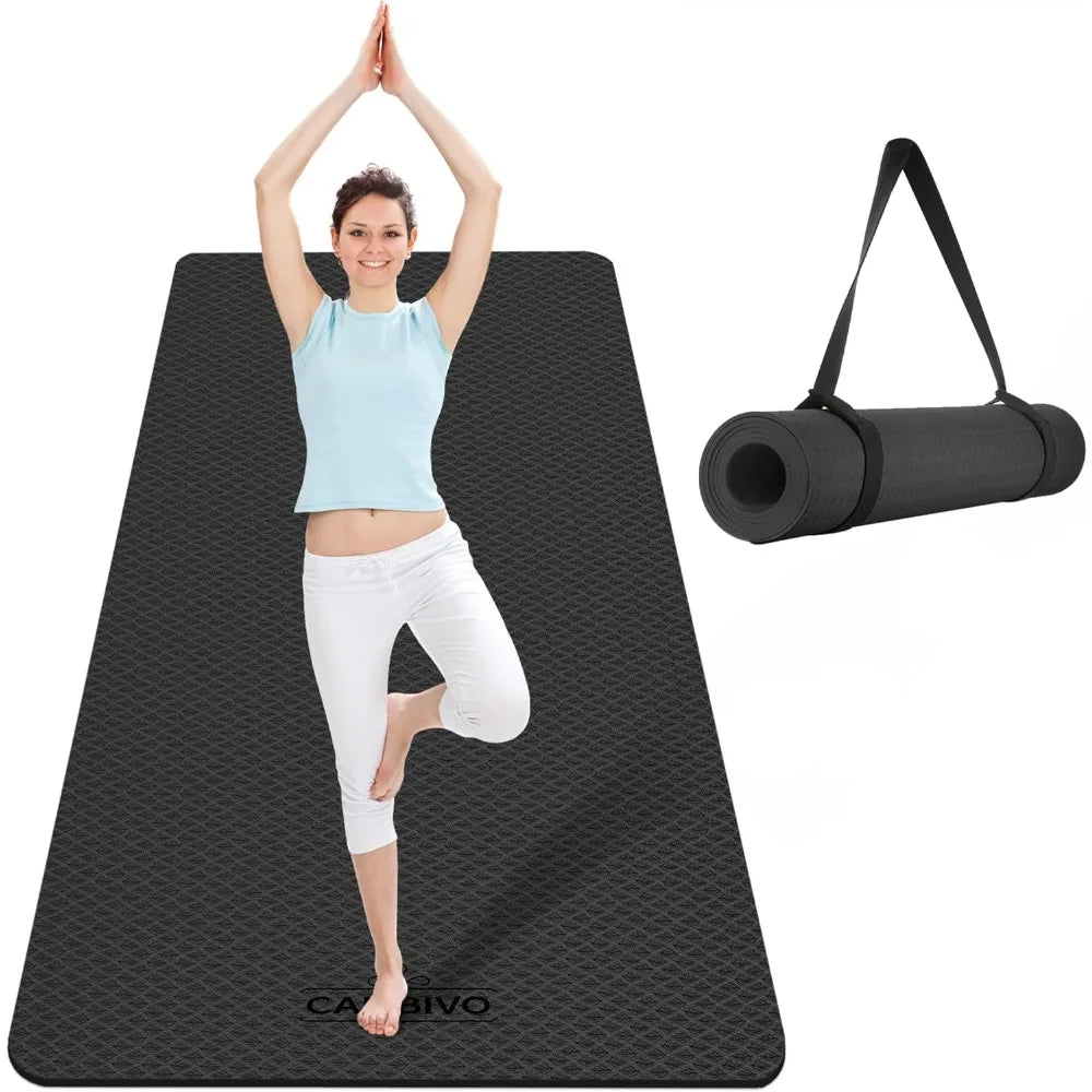 CAMBIVO extra-wide black yoga mat with textured non-slip surface; flat mat and rolled mat with strap